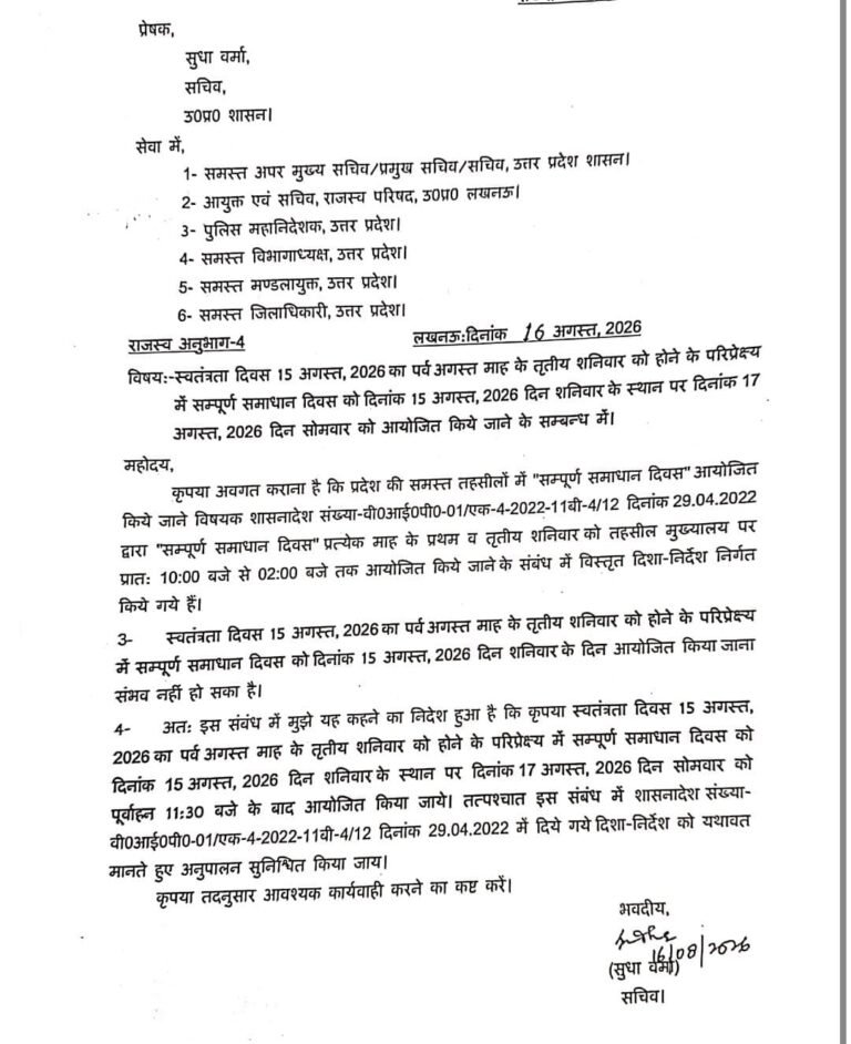 स्वतंत्रता दिवस के कारण बदला संपूर्ण समाधान दिवस का कार्यक्रम, अब 17 अगस्त को होगा आयोजन